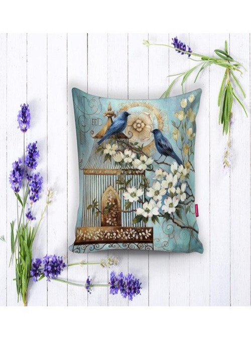 Dijital Baskı Mavi Kuş Desen Kırlent Kılıfı